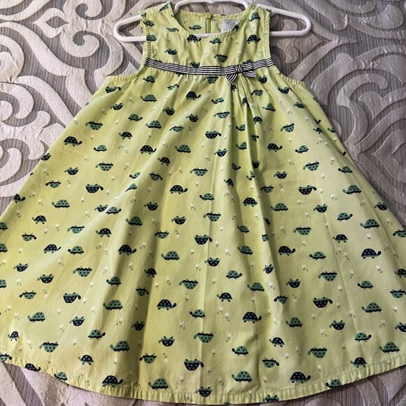 Gymboree Prep Club Green Turtle Print Ribbon Trim Cotton Dress Size 3t Bloomers - Picture 3 of 7